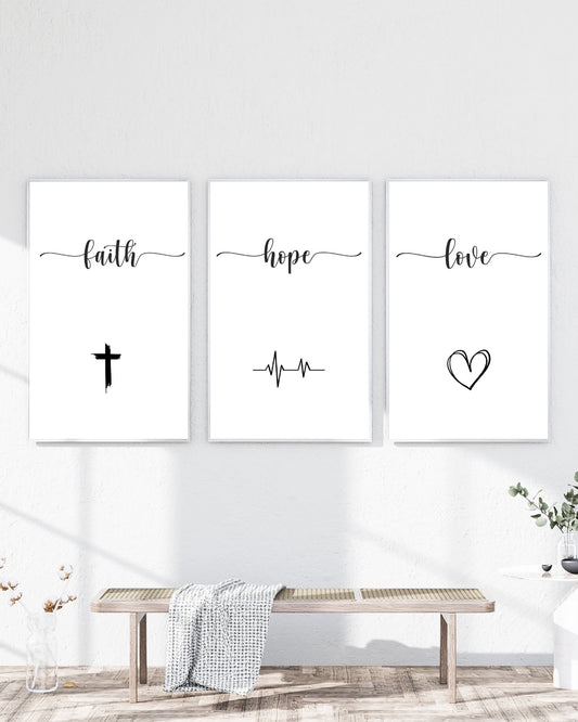 Faith Hope Love Wall Art Set – Minimal Christian Decor – Modern Scripture Print Trio (Set of 3)