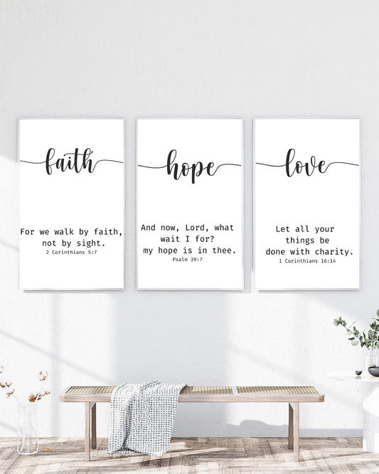 Faith Hope Love Wall Art Set – Christian Bible Verse Prints – Minimal Scripture Decor for Modern Homes (Set of 3)