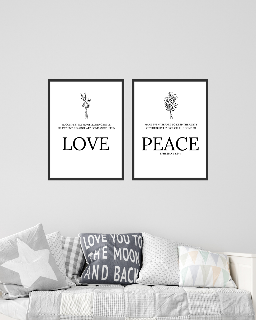 Love & Peace Wall Art Set of 2 – Ephesians 4:2-3 Christian Scripture Prints – Modern Minimalist Gallery Set
