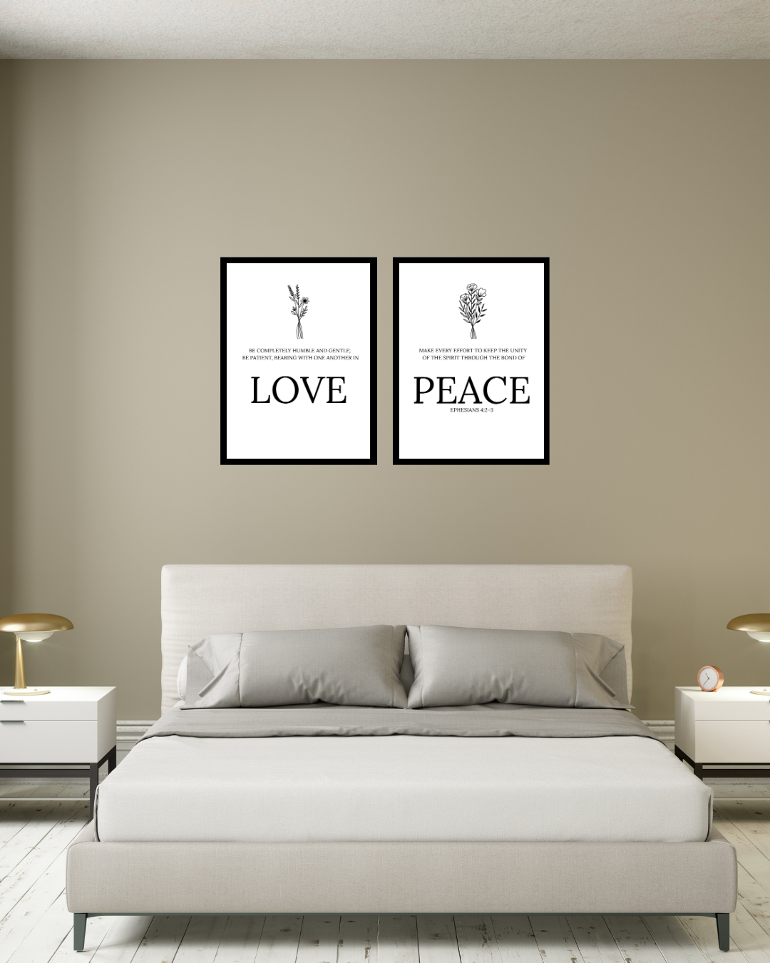 Love & Peace Wall Art Set of 2 – Ephesians 4:2-3 Christian Scripture Prints – Modern Minimalist Gallery Set