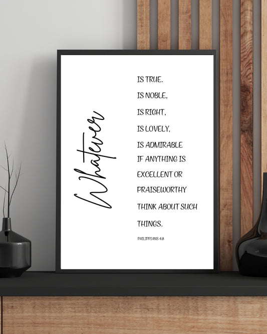 Philippians 4:8 Wall Art – “Whatever Is True” Bible Verse Print | Minimalist Christian Home Decor