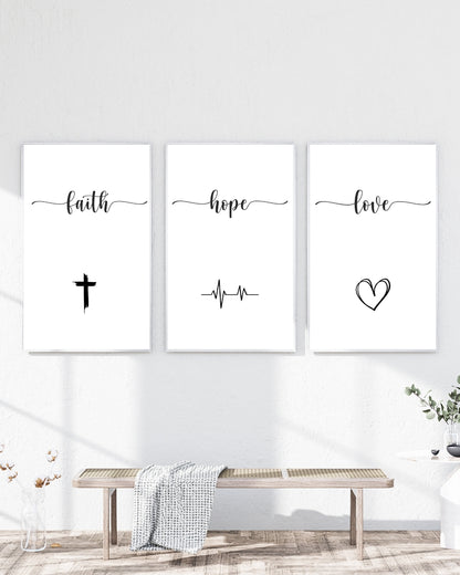 Faith Hope Love Wall Art Set – Minimal Christian Decor – Modern Scripture Print Trio (Set of 3)