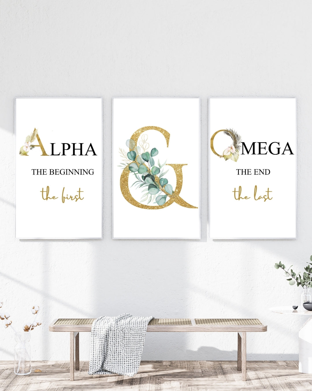 Alpha and Omega Wall Art Set – Christian Scripture Decor – Gold Botanical Faith Wall Art (Set of 3)