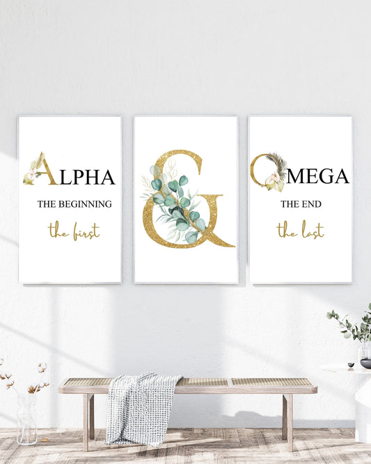 Alpha and Omega Wall Art Set – Christian Scripture Decor – Gold Botanical Faith Wall Art (Set of 3)