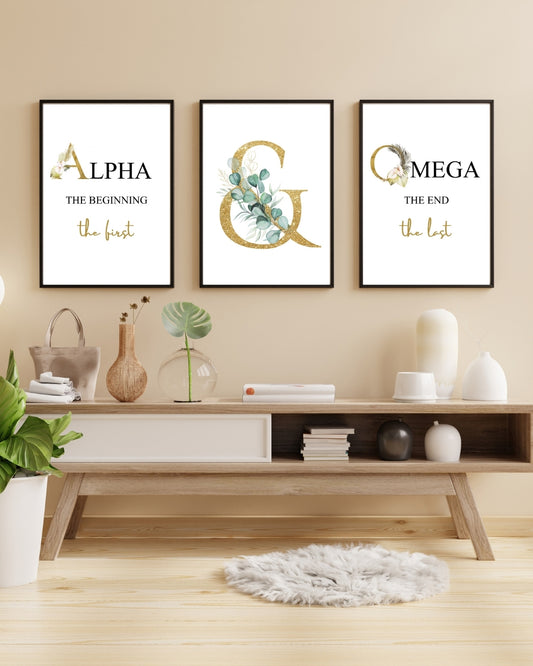 Alpha and Omega Wall Art Set – Christian Scripture Decor – Gold Botanical Faith Wall Art (Set of 3)