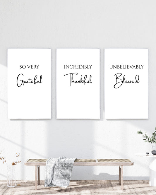 Grateful Thankful Blessed Wall Art Set – Minimal Christian Home Decor – Modern Typography Prints (Set of 3)