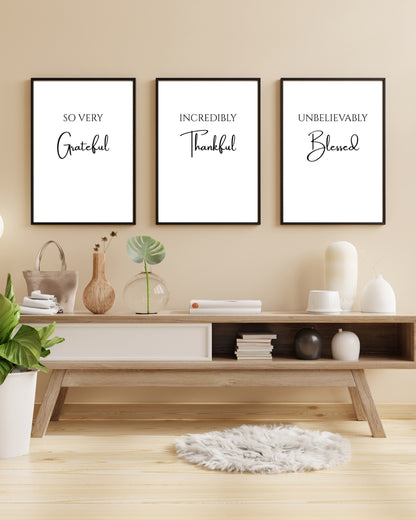 Grateful Thankful Blessed Wall Art Set – Minimal Christian Home Decor – Modern Typography Prints (Set of 3)